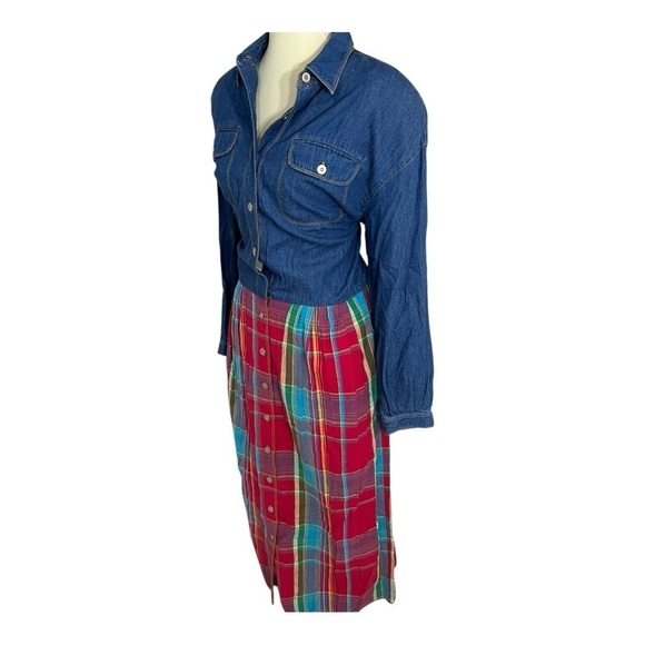 Vintage Red Plaid Denim Long Sleeve Maxi Dress Country Southern Preppy Modest - Picture 14 of 14